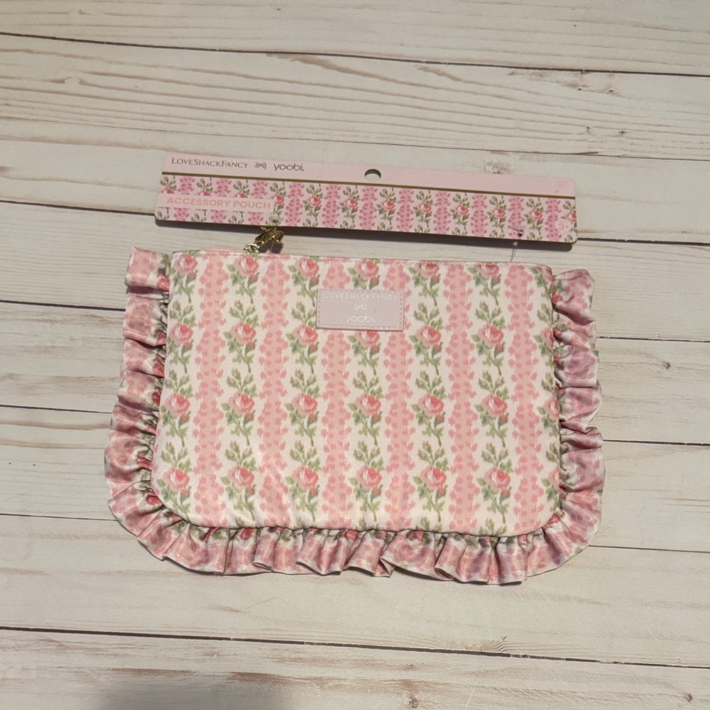 Love shack fancy x Yoobi Pink Floral Ruffle Makeup Pouch